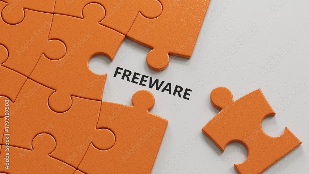 Fototapeta premium freeware.puzzle pieces with missing pieces spelling.Flat lay view from above on puzzle pieces with missing pieces buttons.IT technology concept.3D rendering.