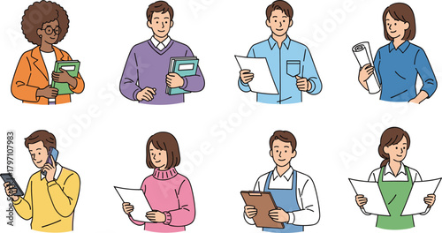 Set of diverse cartoon people, illustrations of men and women, professionals, students, and service workers, upper body portraits, isolated vector characters.