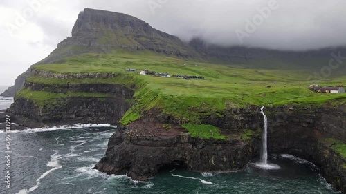 Mulafossur Waterfall and Gasadalur Village, Faroe Islands