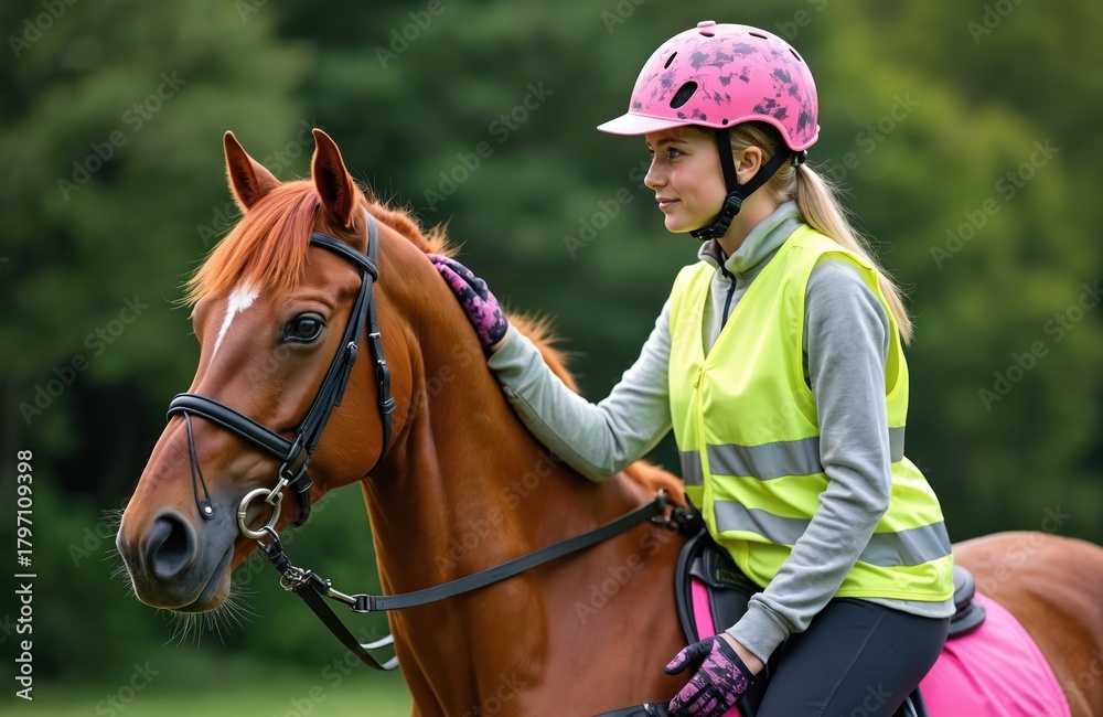 Obraz premium Young woman pats chestnut horse wearing pink helmet and hi-viz jacket. Rider enjoys outdoor activity with equine friend. Girl in equestrian sport in summer daylight.