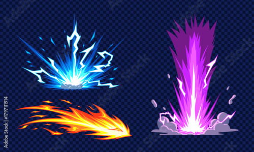 Collection of vibrant energy blasts and fire effects