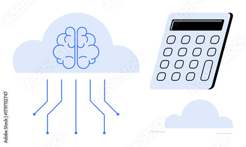 Brain integrated into cloud with circuit lines and calculator signifying AI, data computation, and calculation. Ideal for AI, cloud computing, machine learning, technology, innovation, education