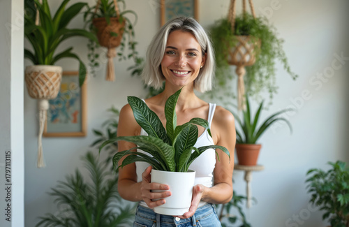 Young woman holds a green houseplant in a white pot. She smiles happily in her bright home full of many indoor plants. It is a cozy urban jungle, showing her gardening hobby and daily plant care.