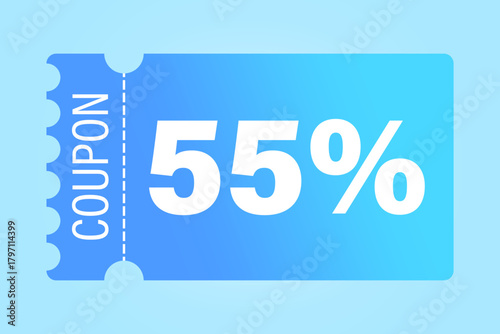 Discount coupon vector. Number fifty five percent. Promotion sale ticket. Light blue background.