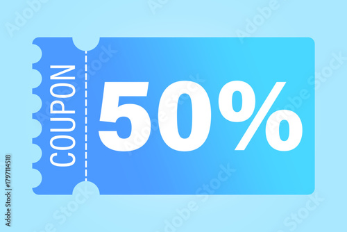 Discount coupon vector. Number fifty percent. Promotion sale ticket. Light blue background.