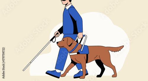 A blind man walking with his guide dog, using a white cane for assistance.