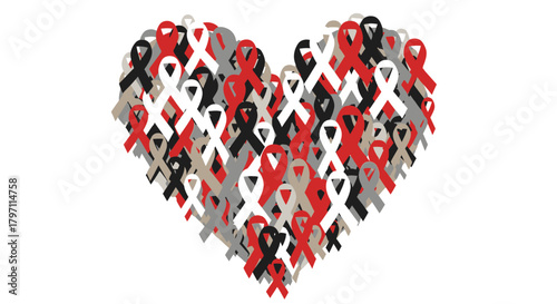 Heart shape formed by awareness ribbons in red, black, white, and gray on a white background.