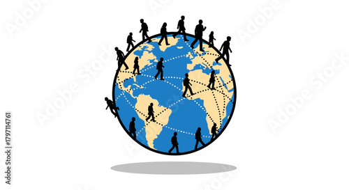 Silhouetted figures walk across a globe connected by lines, suggesting global networking and communication.