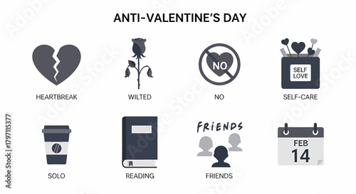 A graphic layout displaying eight monochrome icons representing antiValentines Day concepts