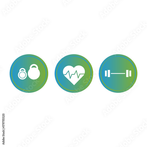 Fitness health icons. Workout gym symbols. Active life Vector. Wellness care equipment.