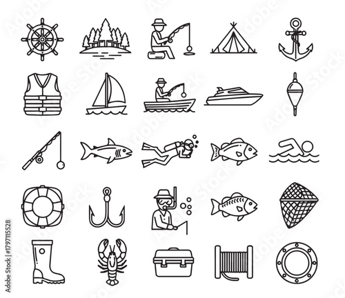 Maritime and Nautical Themed Line Art Icon Collection