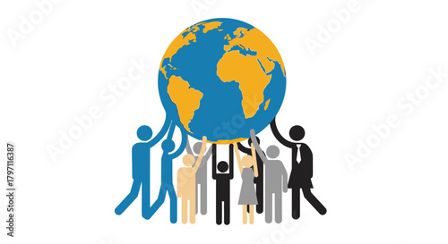 Diverse group of people supporting a globe, symbolizing global unity and cooperation.