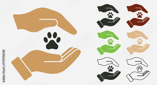Hands gently cradling a paw print, symbolizing animal care and protection, shown in various color schemes.
