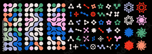 Big set of colorful sci-fi futuristic metaball pictograms, icons, patterns and shapes on a black background. Big collection of symbols for science, chemistry and tech related topics.