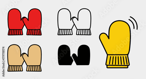 A set of mitten icons in red, black, yellow, beige, and outline styles.