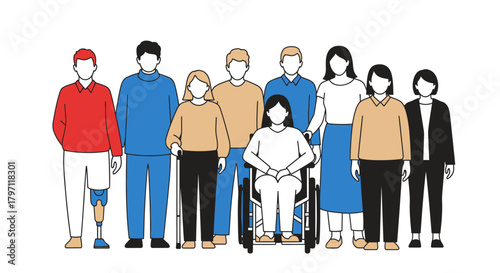 Diverse group of people standing together, including individuals with disabilities, in a line.