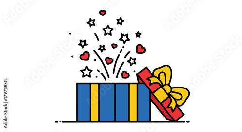 An open gift box with a red lid, releasing stars and hearts into the air.