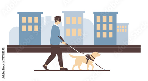 Visually impaired man walking with guide dog using a cane in a city setting.