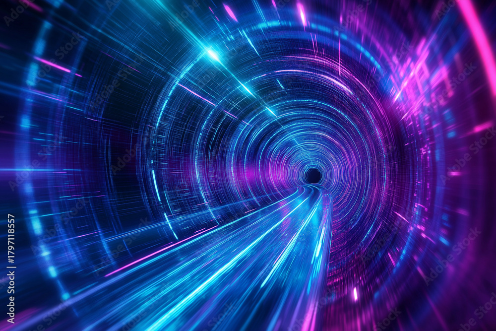 Fototapeta premium Abstract digital tunnel background, glowing blue and purple lines, representing data flow