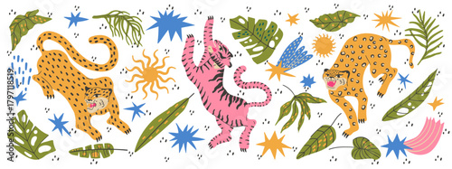 Safari bundle with tropical leopard tiger pattern and jungle leaves.