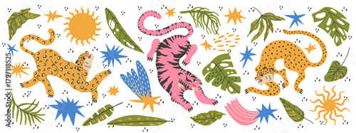Tropical jungle set with funky safari animals leopard tiger and palm leaves.