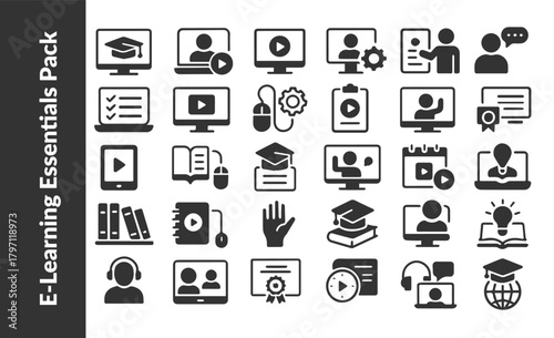 E-Learning Essentials Pack. Online Education and Distance Learning Icon Set. Digital Course and Knowledge Acquisition Vector Icons.