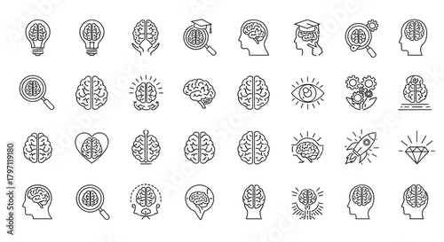 Brain and intelligence icons a collection of symbols representing cognitive function, learning, and mental processes for enhanced knowledge