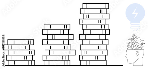 Three growing stacks of books symbolizing knowledge growth, head blooming with flowers for creativity, light bulb for innovation. Ideal for education, learning, knowledge, creativity, progress