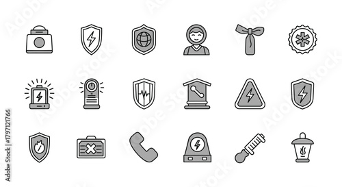 Monochrome illustration featuring safety, security, and emergency symbols, rendered in a simple, flat style for versatile use in designs