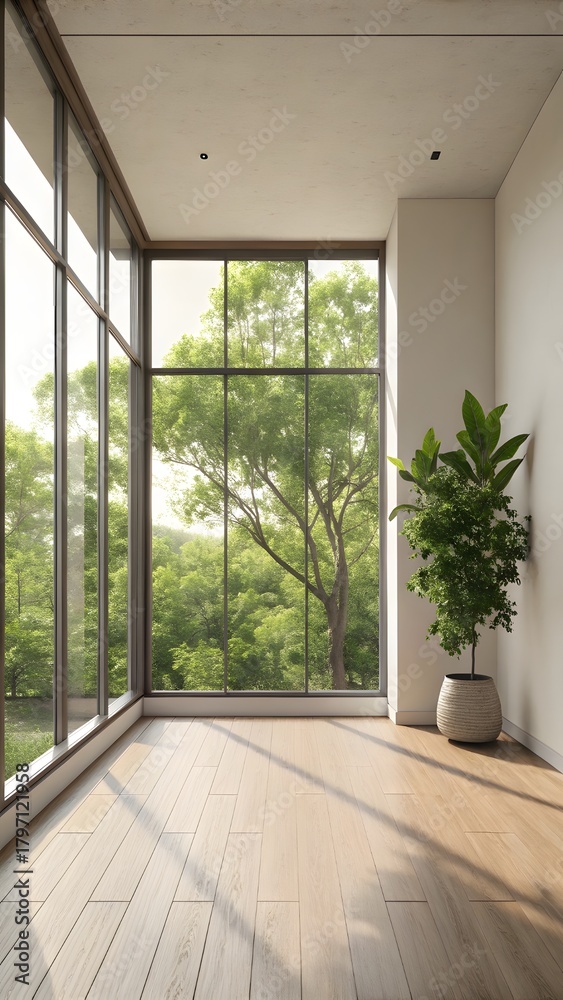 Fototapeta premium Minimalist Interior Room With Large Window Sunlight And Indoor Plant Creating Calm Modern Space View