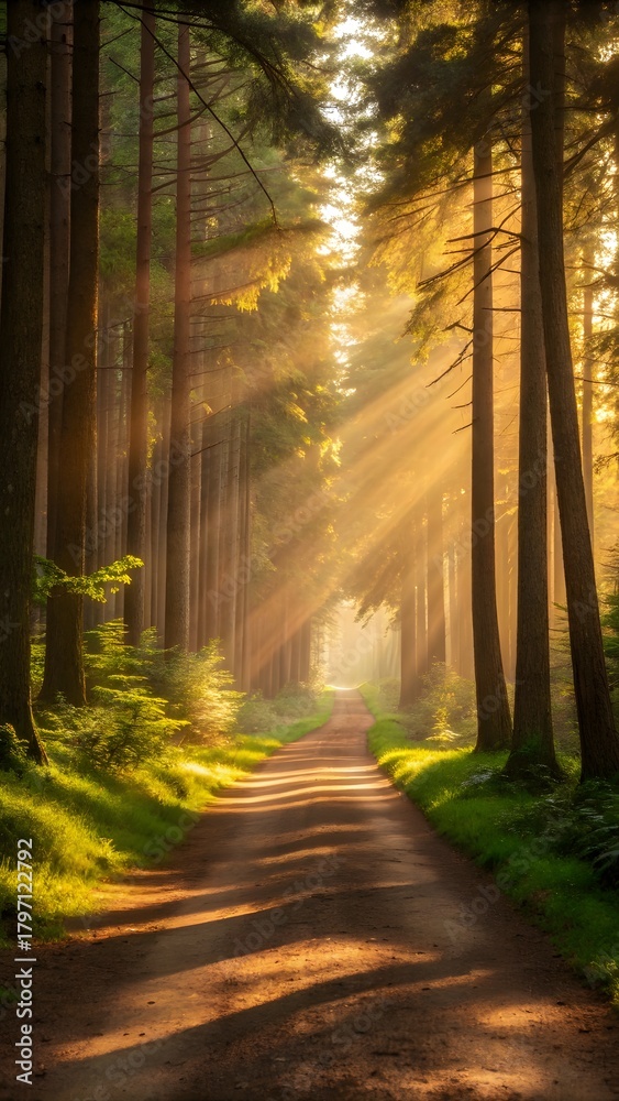 Fototapeta premium Sunlit Forest Path With Golden Morning Rays Through Tall Trees Creating Peaceful Nature Scene Scenic