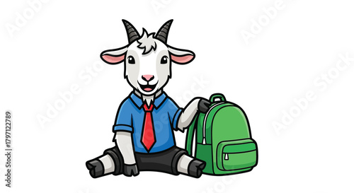 A cute cartoon goat kid wearing a school uniform with a red tie sits happily next to a green backpack on a white background.