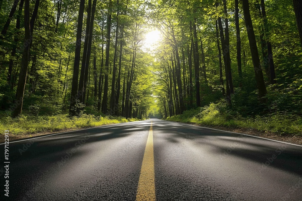 Fototapeta premium Empty asphalt road winding through a lush green forest canopy on a sunny day, inviting travelers to enjoy a scenic drive immersed in nature's beauty and tranquility