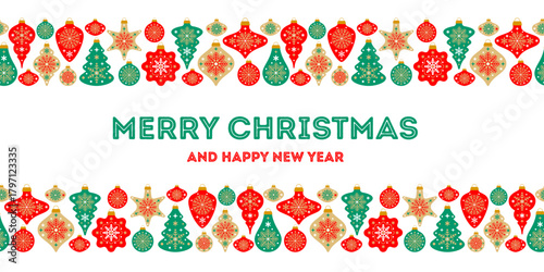 Christmas greeting card, banner with scandinavian seamless border pattern. Christmas and New Year ornaments. Vector vintage background for winter holidays. Seasonal greeting design