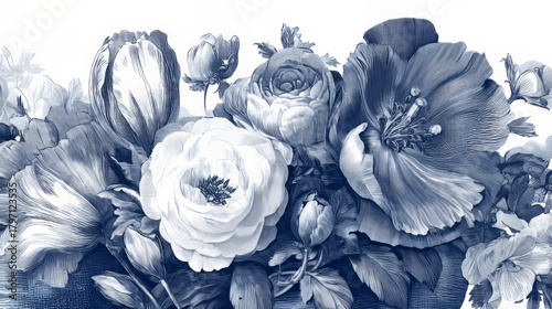 A precise drawing of flowers in blue hues, complete with leafy stems, is rendered on paper with a white textured finish