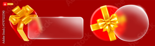 Festive label with glass morphism. 3D Modern design elements set with red gift box, matte transparent circle and rectangle with rounded corners. Frosted glass effect. Vector illustration