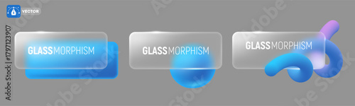 Glass morphism concept. 3D Modern design elements set with blue sphere, rectangle and futuristic line. Matte transparent rectangle with rounded corners. Frosted glass effect. Vector illustration