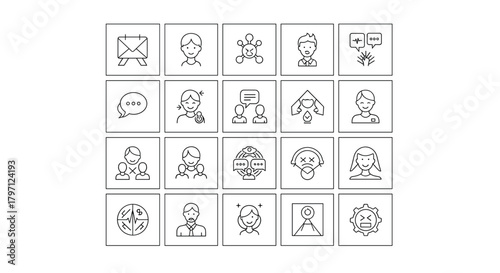 A collection of 20 handdrawn icons depicting various aspects of communication, emotions, and social interactions, they are simple and clean