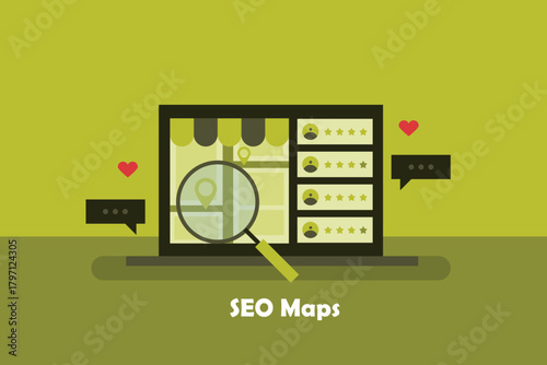 SEO maps displaying near by businesses and physical stores  based on user's location along with customer reviews and rating.