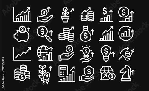Finance and Investment Line Icons Set. Business Growth, Money Management and Financial Strategy Vector Collection. Startup and Economy.