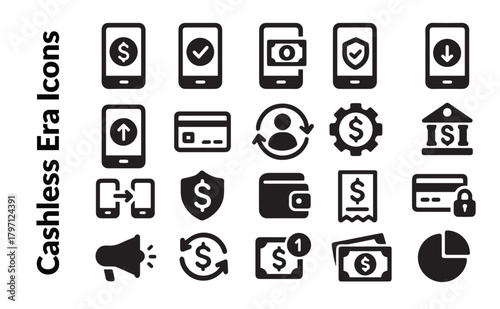 Cashless Era Icons Set. Online Payment, Mobile Banking and Digital Finance Vector Collection. E-Commerce and Security Concepts.