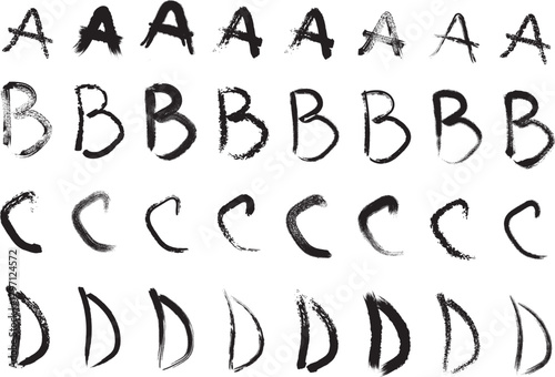 Handwritten alphabet letters a b c d in rough brush strokes
