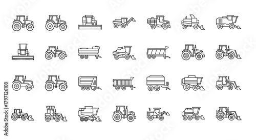 A comprehensive collection of 28 handdrawn icons representing various types of agricultural machinery, the icons are simple and clean