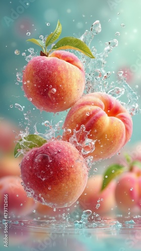 A bunch of peaches falling into the water with a green leaf