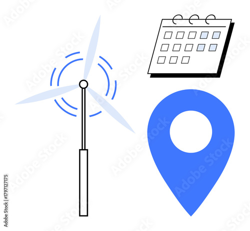 Wind turbine spinning, calendar with marked dates, and a geolocation pin. Ideal for renewable energy, sustainability, planning, location-based services, clean energy scheduling, eco-friendly