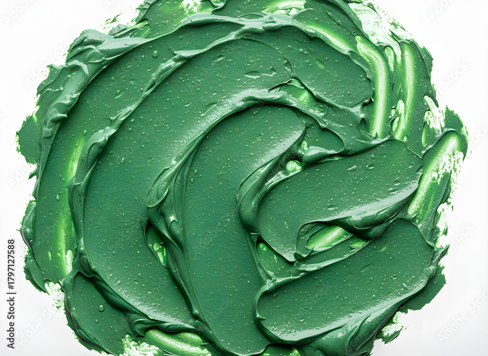 Fototapeta premium Thick dark green cosmetic cream swirl with rich texture and smooth glossy highlights, isolated on white, macro skincare smear.