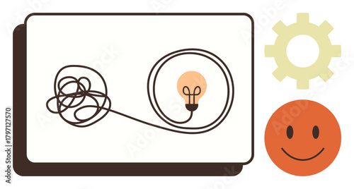 Tangled line leading to a glowing light bulb alongside a smiling face and a gear. Ideal for problem-solving, creativity, innovation, workflow, teamwork, positivity, simple flat metaphor
