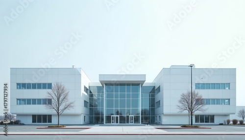 Modern white hospital building with large glass windows, doors. Building clean, sterile appearance with parking lot in front. Two bare trees planted on either side of entrance. Sky above clear, light
