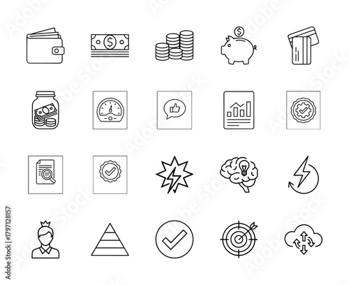 Business, finance, and strategy line icon set. Vector pictograms of wallet, money, piggy bank, credit card, charts, brain, target, cloud, and checkmark, thin linear illustration.