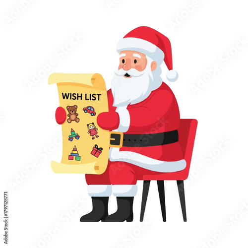 Santa Claus sitting on a chair, reading a wish list scroll with various toy illustrations for Christmas holiday season.